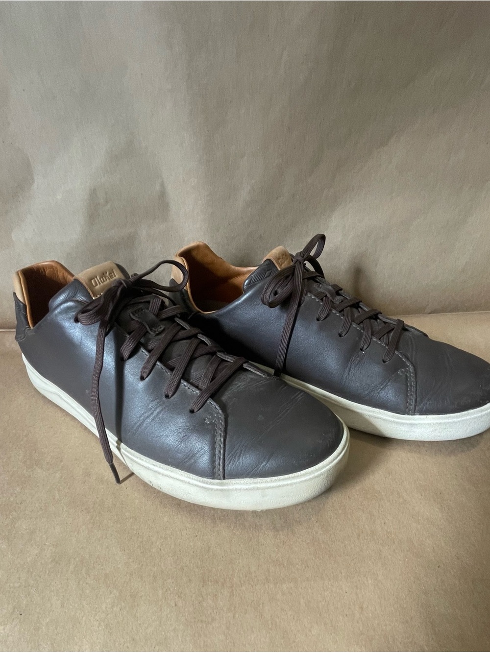 OluKai Men's Dark Brown Leather Low-Top Sneakers with White Sole